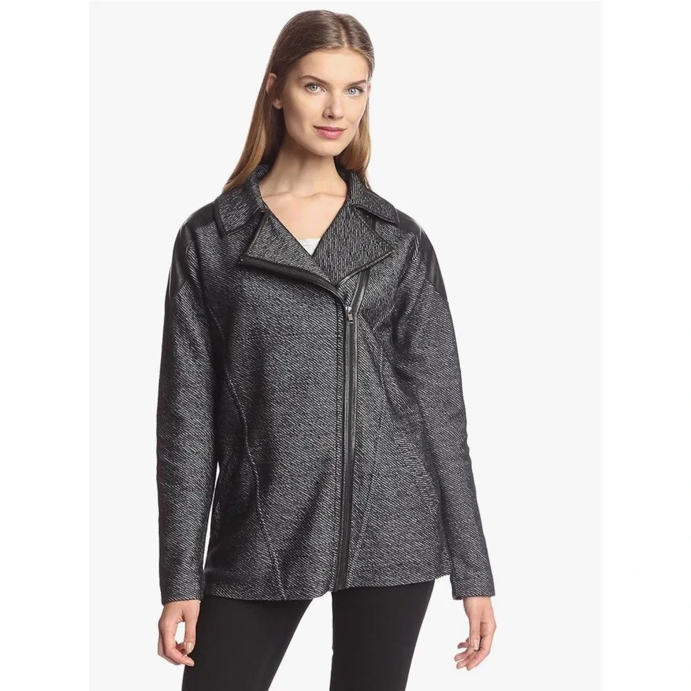 Michael Stars Women's Medium Black White Herringbone Moto Jacket Leather Trim